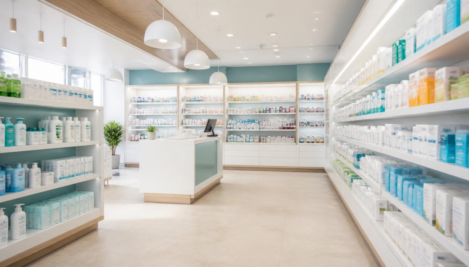 Interior de estabelecimento de comércio varejista de produtos farmacêuticos, com prateleiras organizadas